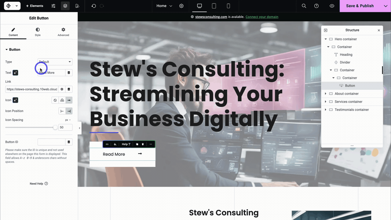 Customizing button text and link inside the 10Web Elementor canvas