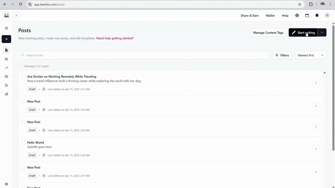 beehiiv newsletter editor with drag-and-drop blocks and sidebar element picker