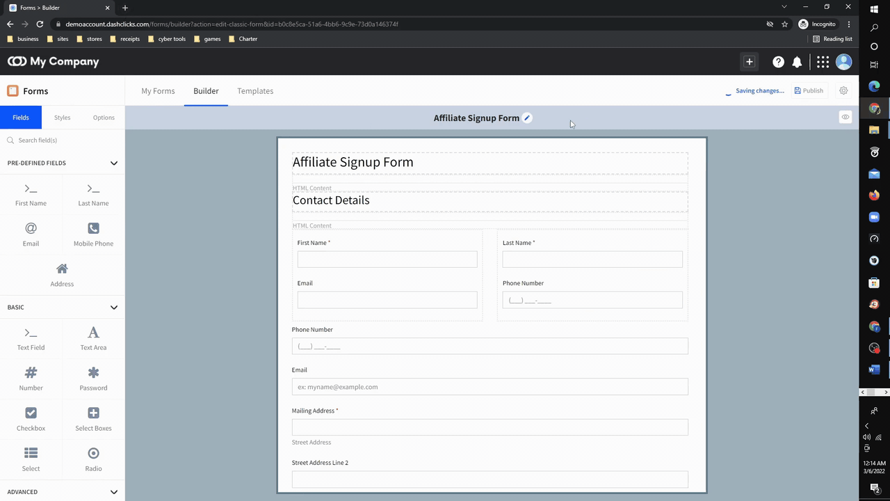 DashClicks Forms builder editing an Affiliate Signup Form with the field options panel and form preview side by side