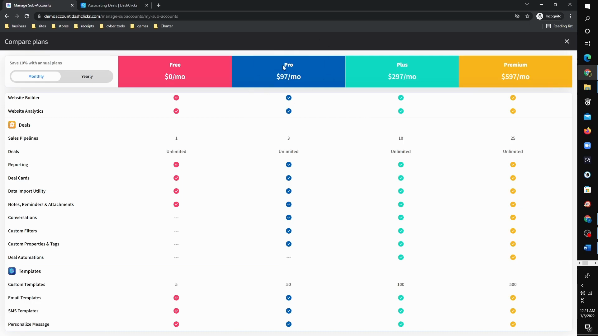 DashClicks pricing comparison table for fulfillment plans showing four tiers (Free, Pro, Plus, Premium) with included features and monthly pricing