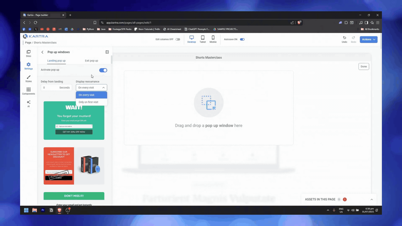 Kartra page builder configuring an exit-intent popup with timing controls, display recurrence options, and popup templates