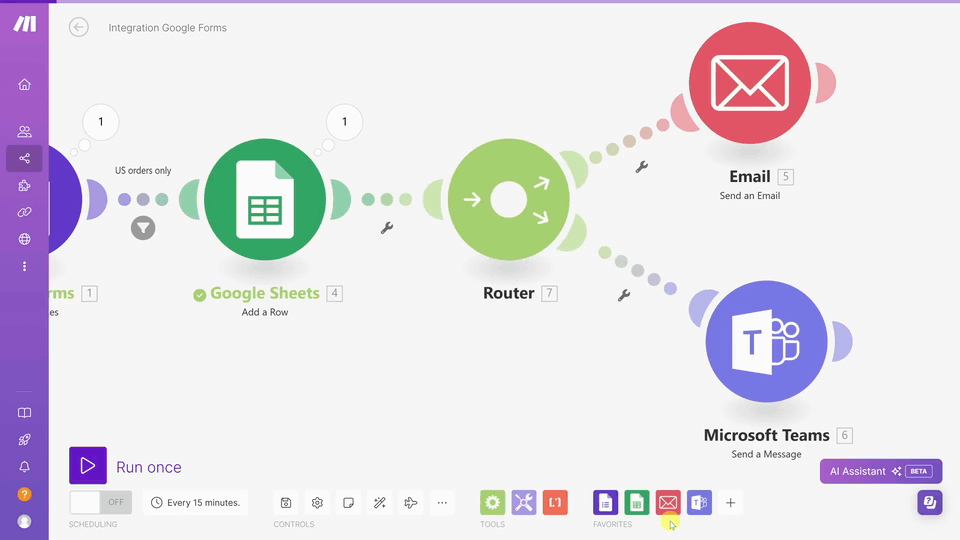 Visual automation scenario showing branching workflow logic between marketing tools