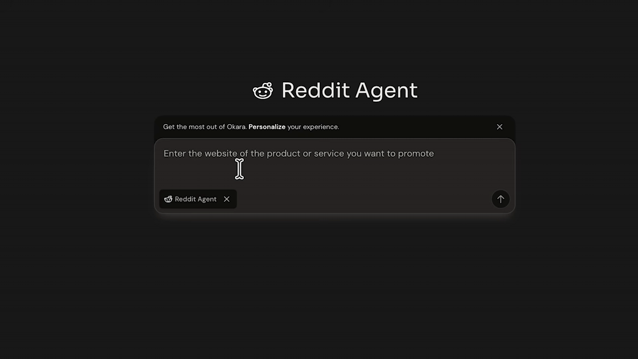 Okara AI Reddit Agent setup screen with product URL input field and Reddit Agent badge