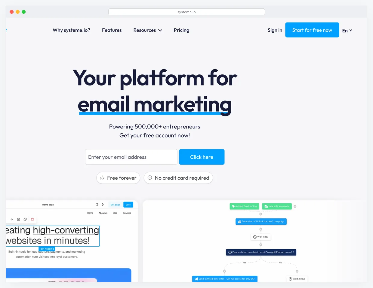 Systeme.io email automation with tags and triggers on the free plan